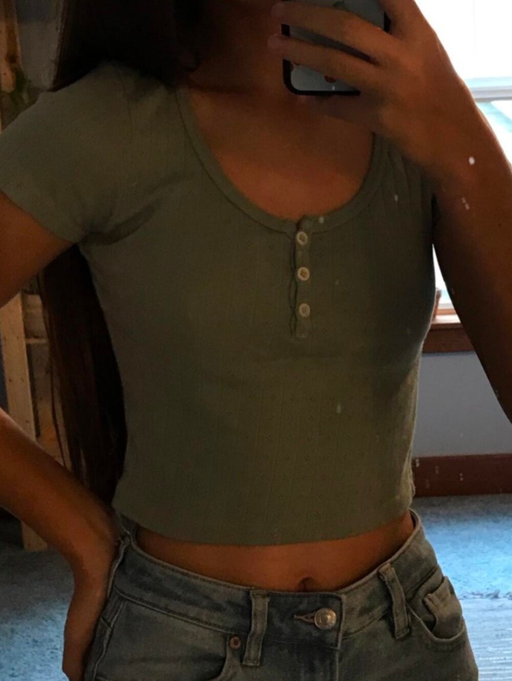 Aeropostale Olive Ribbed Henley Crop Top Small